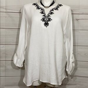 NWOT Ruby Rd. White Cotton Tunic Top Black Appliqué Size 2X